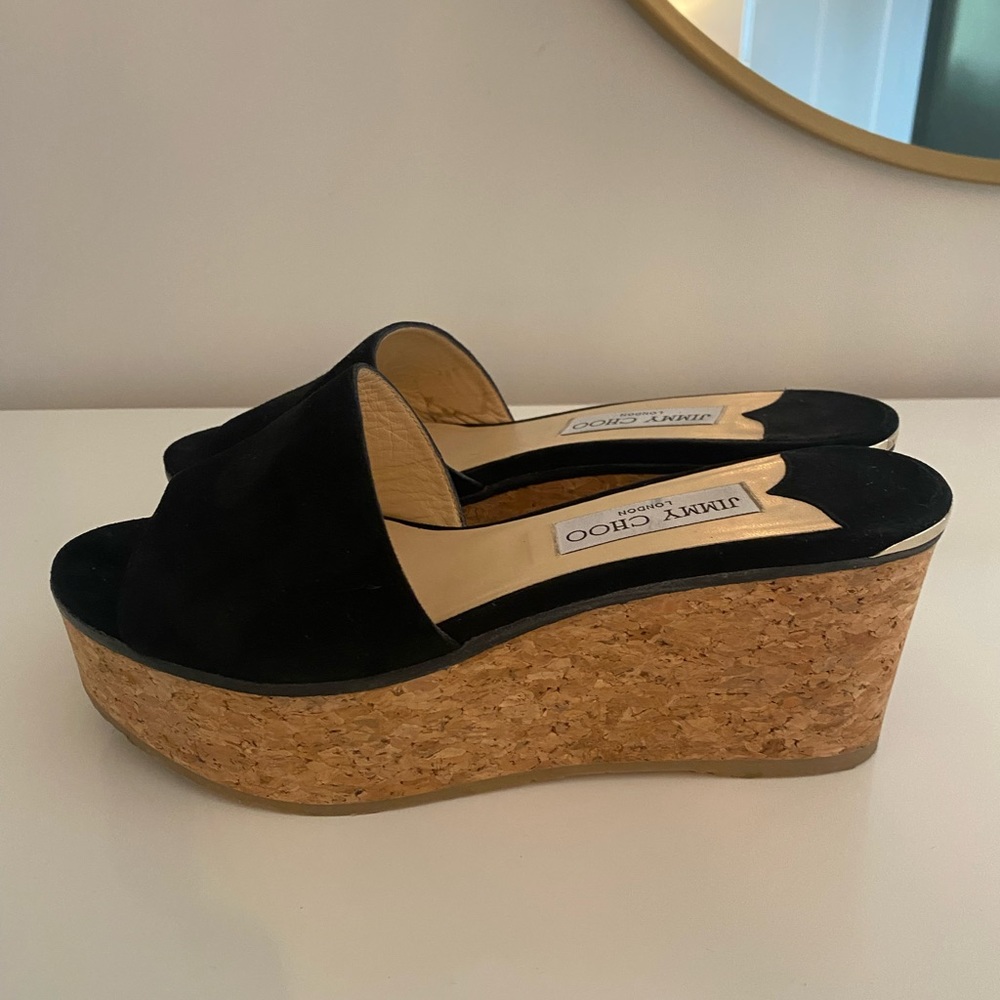 Jimmy Choo Black Suede & Cork Deedee Wedge Heeled Sandals